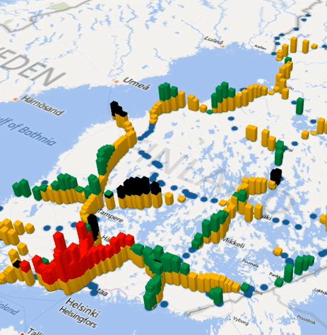 Junaliikenne Excelin Power Map 3D-animaationa Junaliikenne Excelin Power Map 3D-animaationa