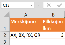 Merkin tai merkkijonon esiintymien lukumäärä Excelin&nbsp;solussa