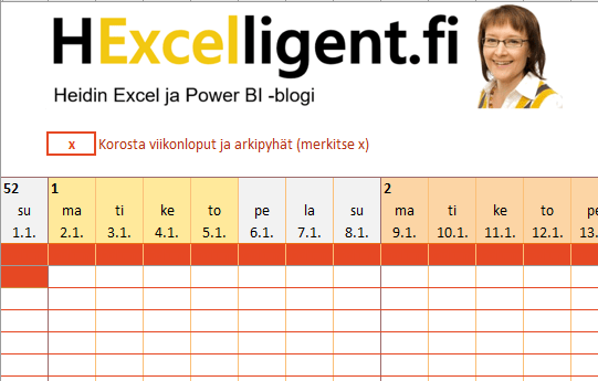 Vuoden 2017 kalenteri&nbsp;Excelissä